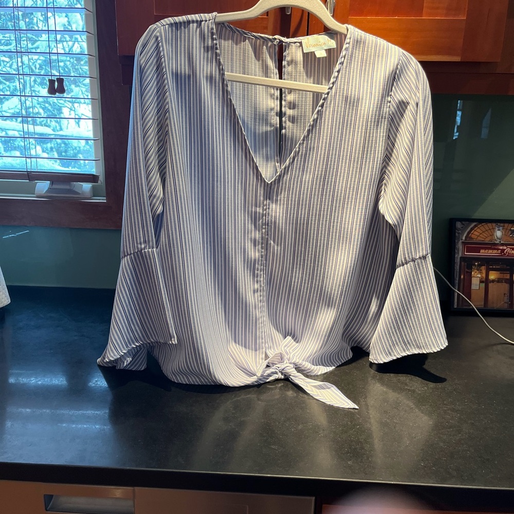 Veronica M Blue and White Striped Tie-Front Blouse